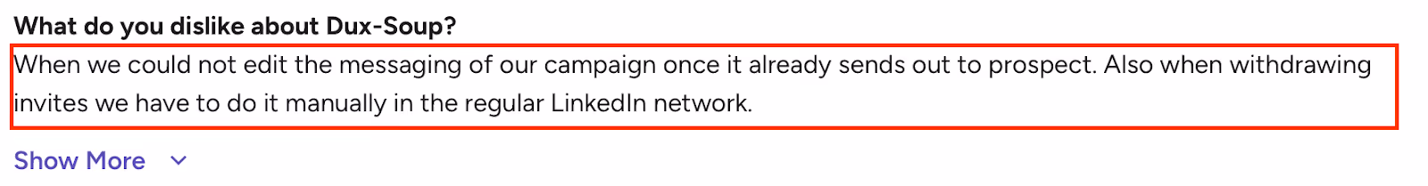 Dux-Soup review noting messages in active campaigns can’t be edited and LinkedIn invites must be withdrawn manually.