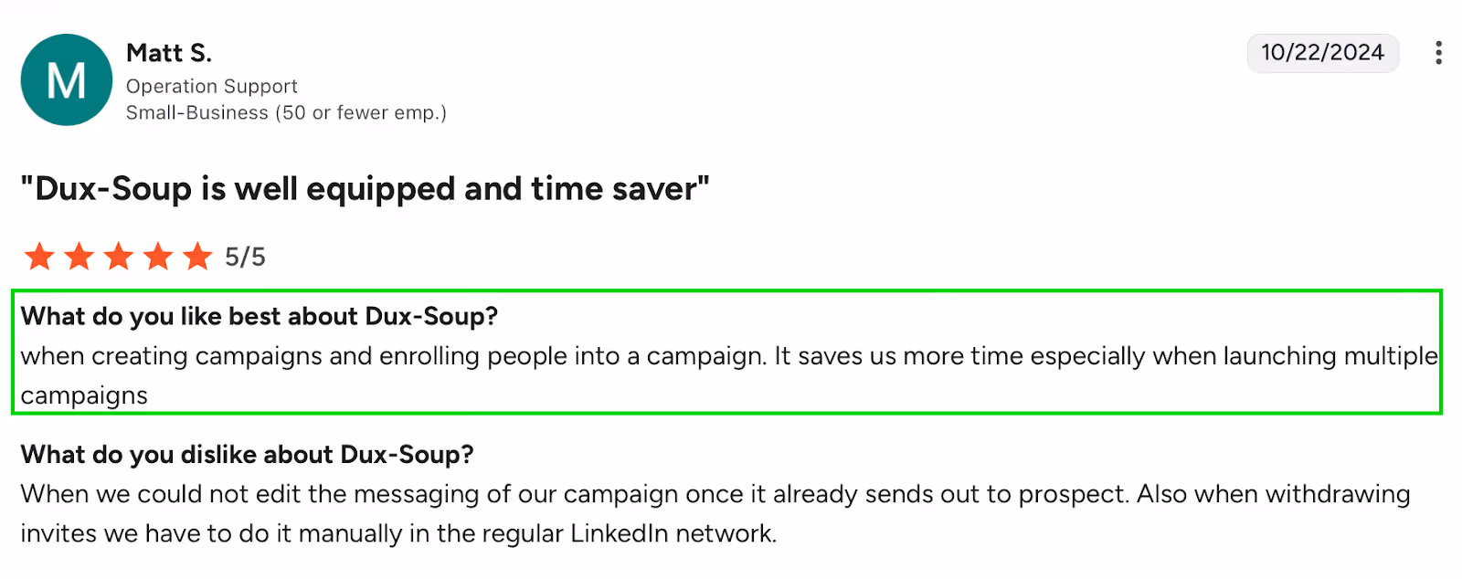 Screenshot of a 5-star Dux-Soup review highlighting that the tool saves time by simplifying campaign creation and enrollment, especially when managing multiple campaigns.