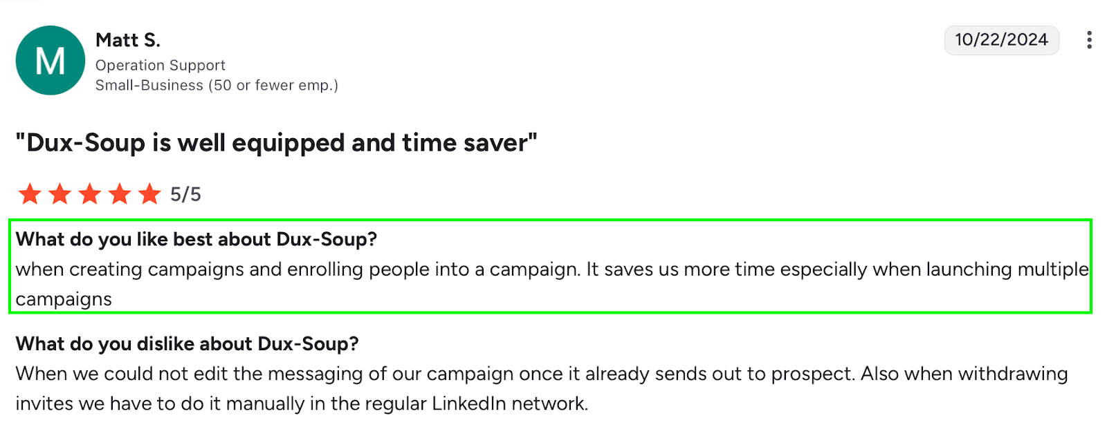 Screenshot of a 5-star Dux-Soup review highlighting that the tool saves time by simplifying campaign creation and enrollment, especially when managing multiple campaigns.