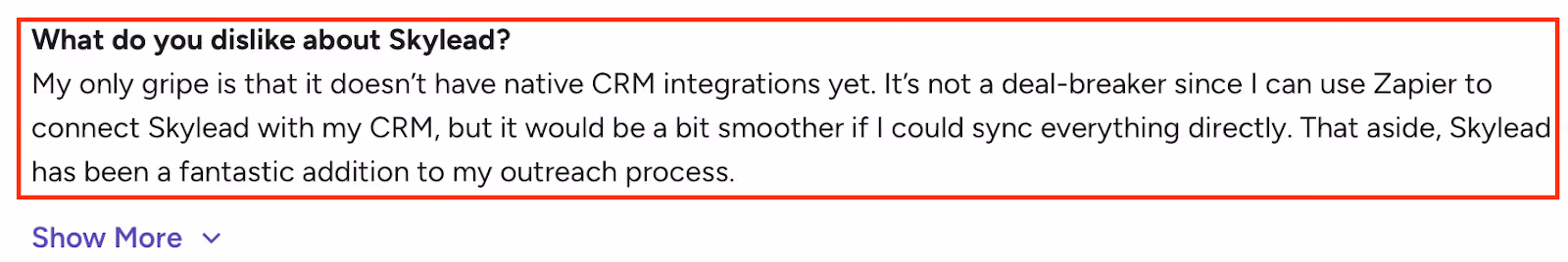 Skylead lacks native CRM integrations but works well overall with Zapier.