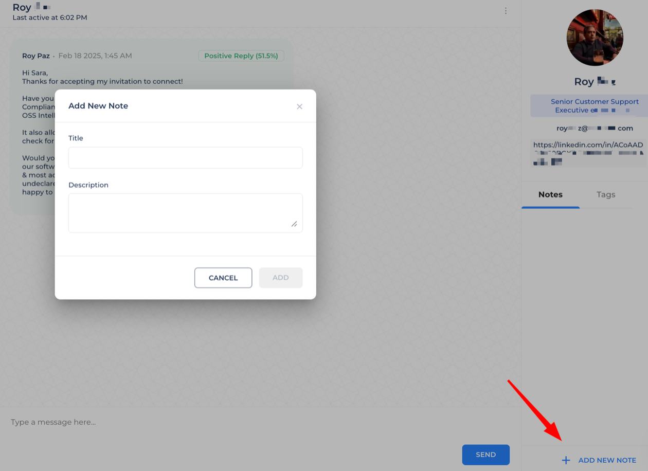 Add new note to your conversations with any information you want to add