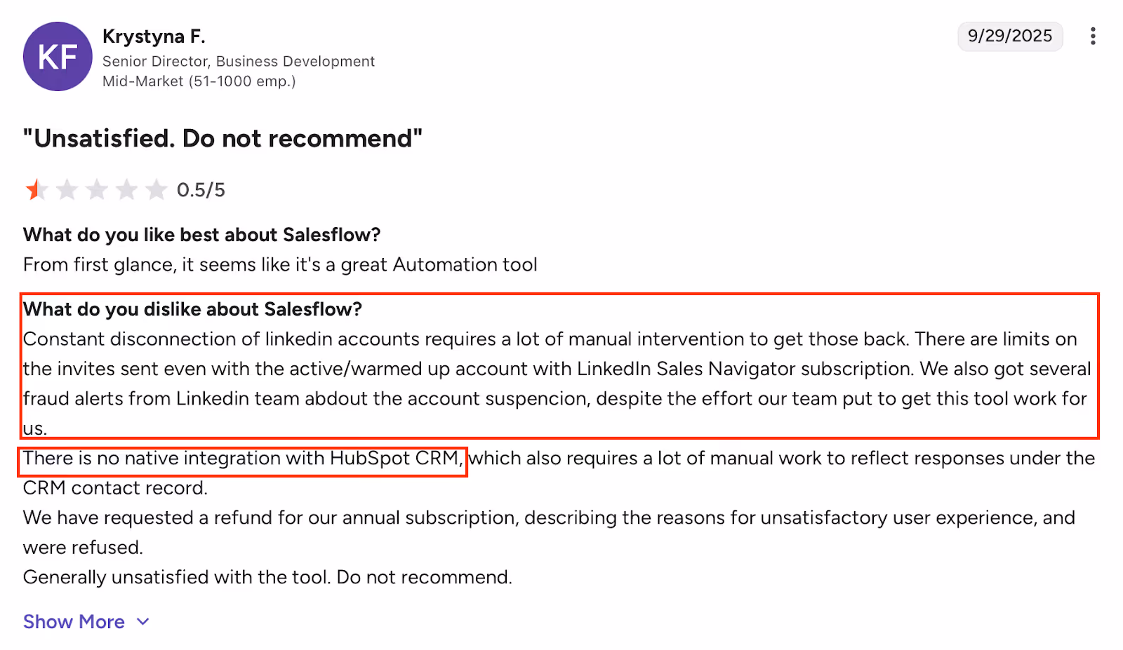G2 review on Salesflow shows user frustration with LinkedIn disconnections, no HubSpot integration, and denied refund after poor experience with Salesflow.