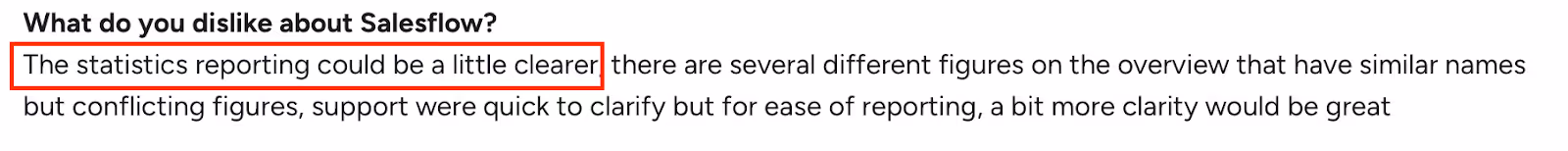 G2 review notes that Salesflow’s statistics reporting is unclear and shows conflicting figures on the dashboard.