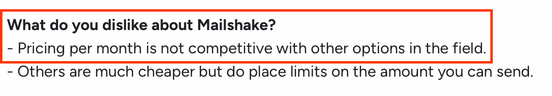 A user review on G2 highlighting about Mailshake Pricing