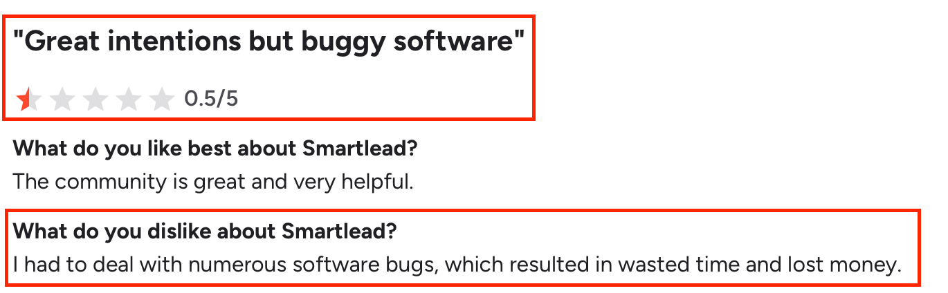A user review on G2 about smartlead stating how buggy the software is