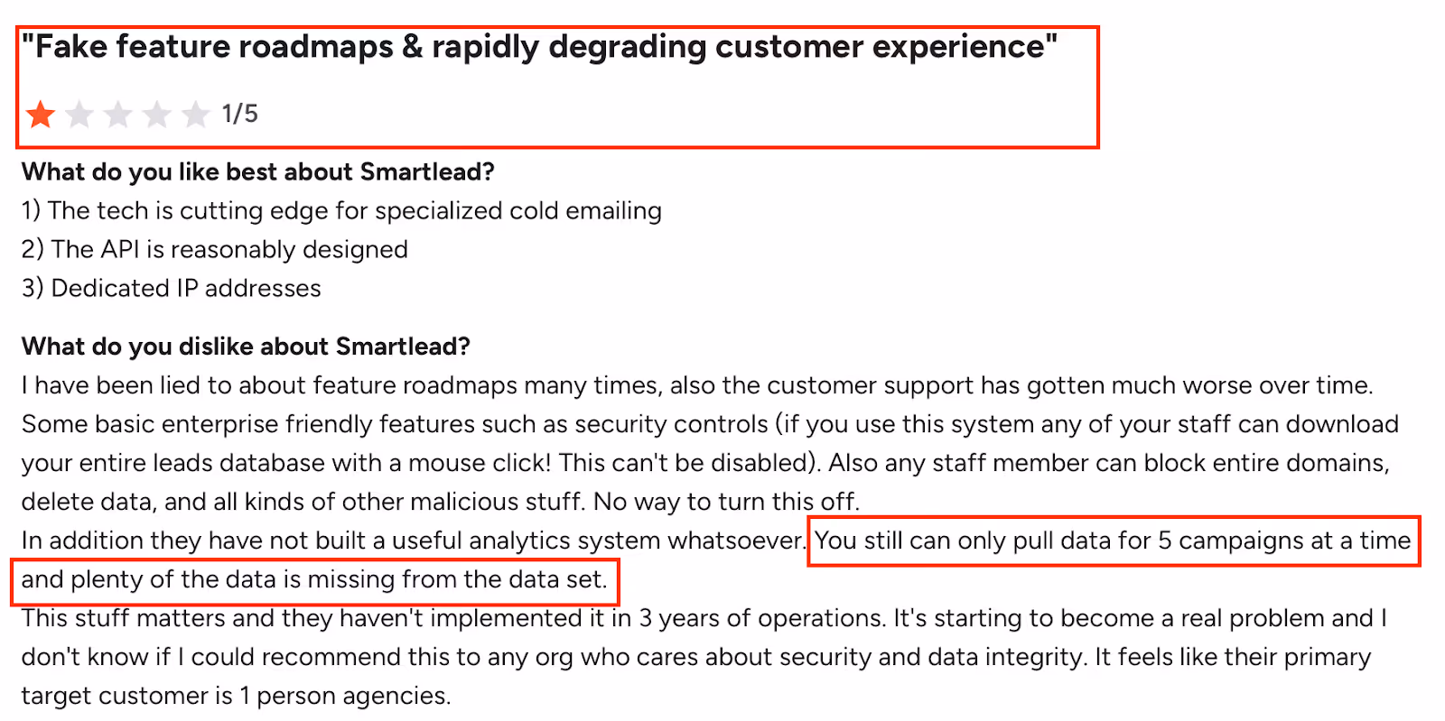 A user review on G2 about smartlead stating the rapid degrading of customer service and its missing features 