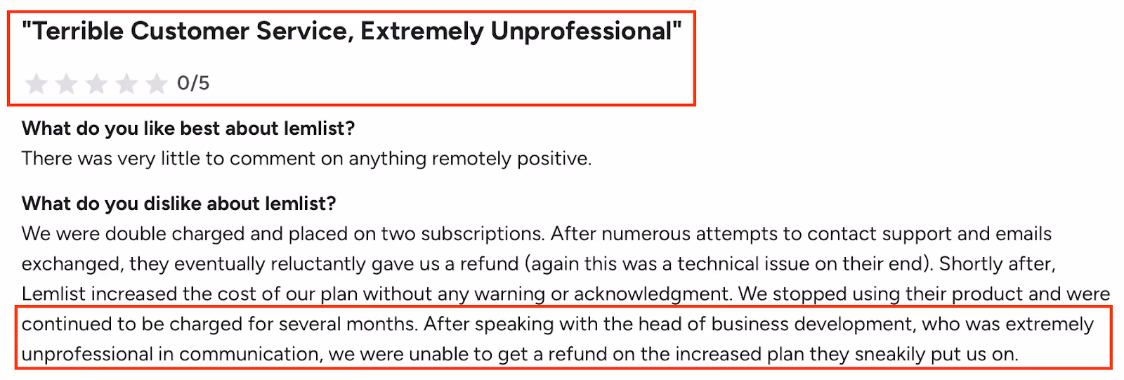 A user review on G2 about Lemlist highlighting how unprofessional the support is 