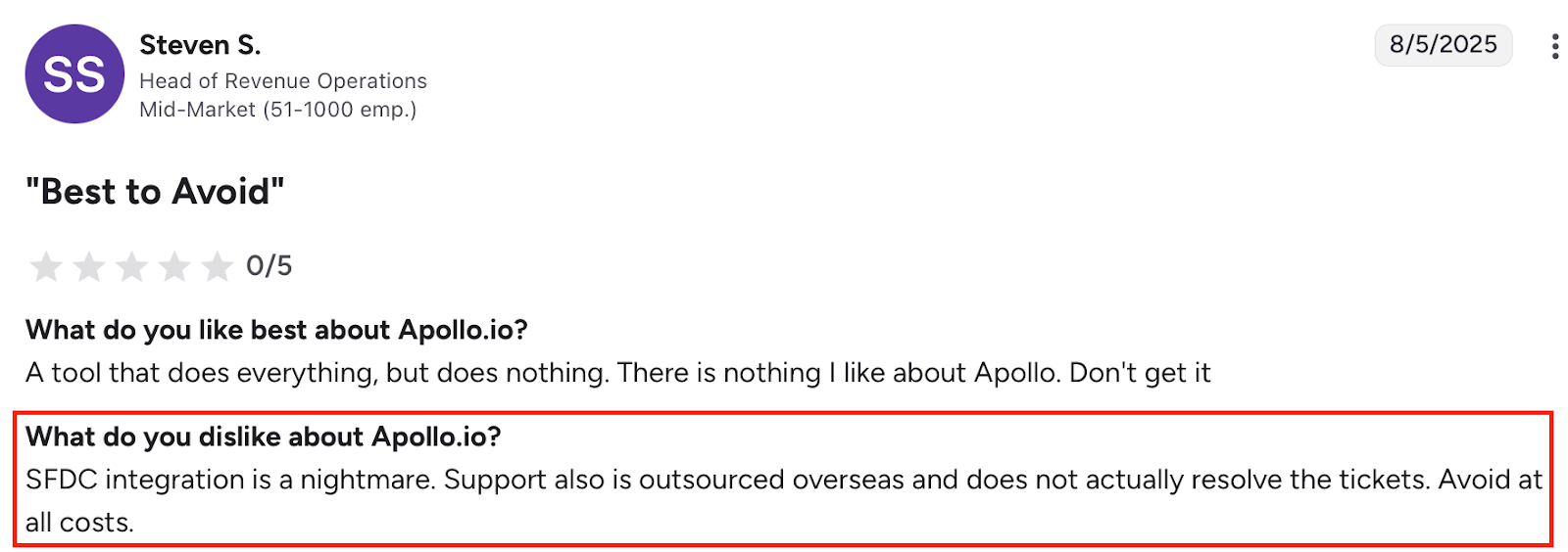 user review on G2 about Apollo.io stating its bad integration with Salesforce