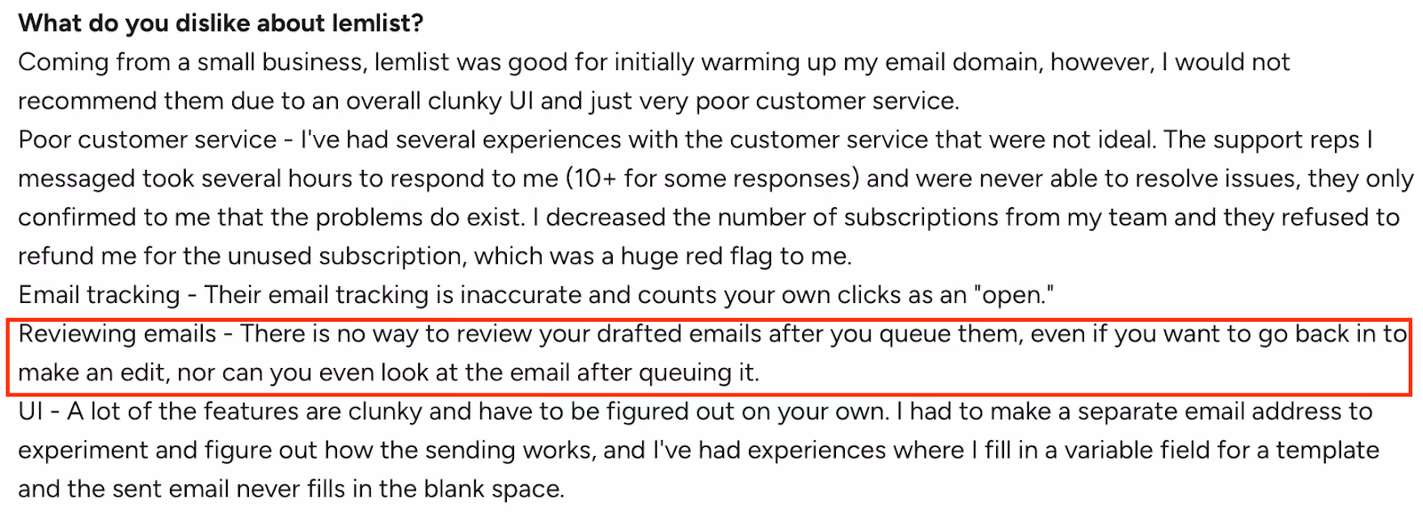 A user review on G2 about Lemlist stating that drafted emails can’t be reviewed after queuing 
