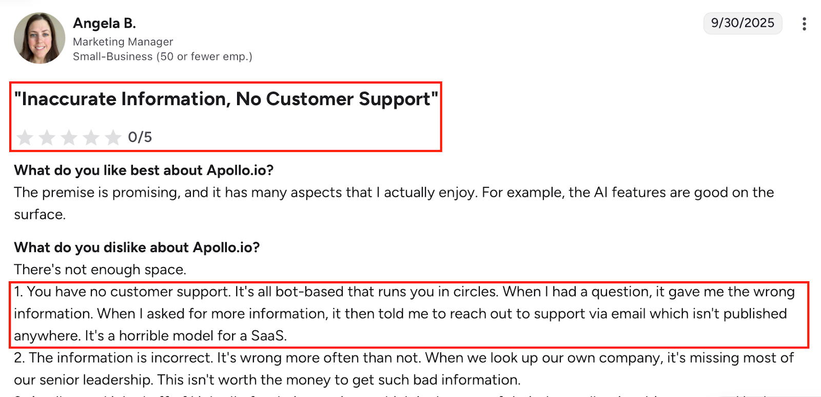 user review on G2 about Apollo.io highlighting how poor their customer service is and their inaccurate information
