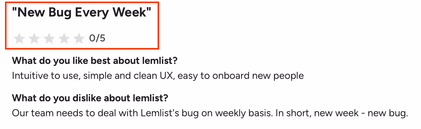 A user review on G2 about Lemlist highlighting how buggy the software is 