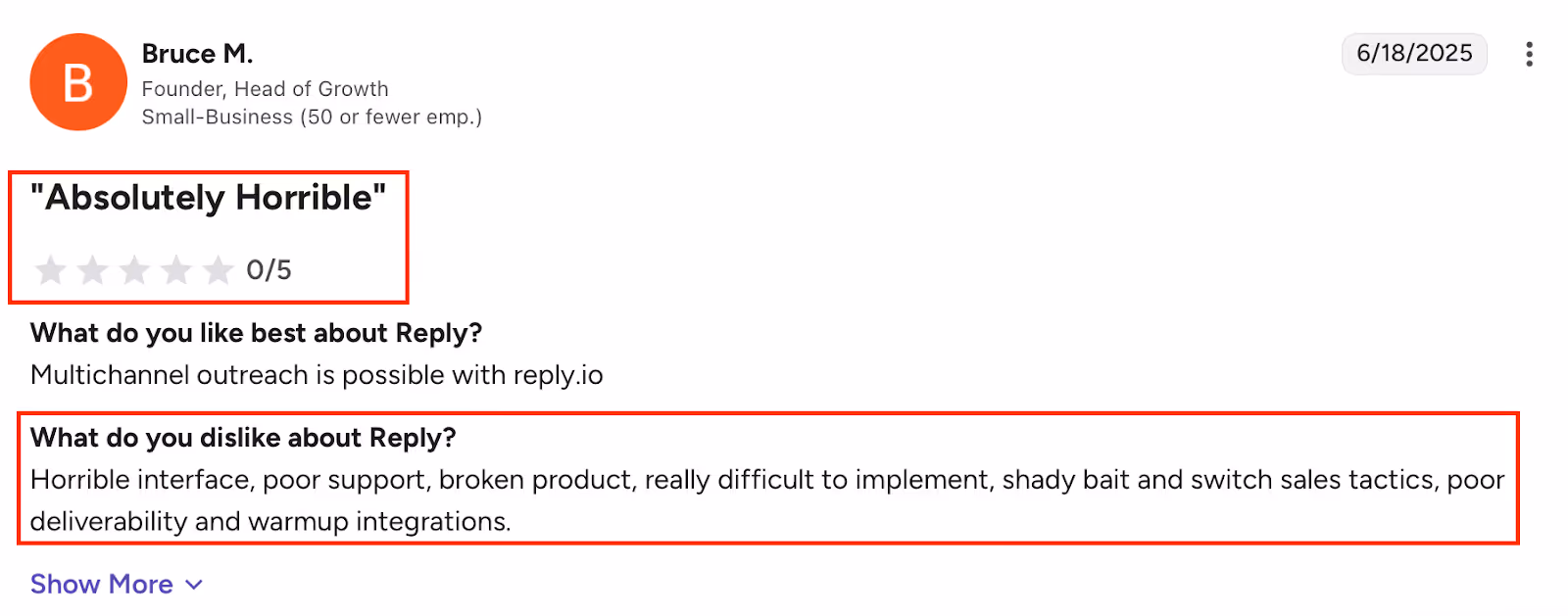 A user review on G2 about Reply.io stating how horrible the interface is