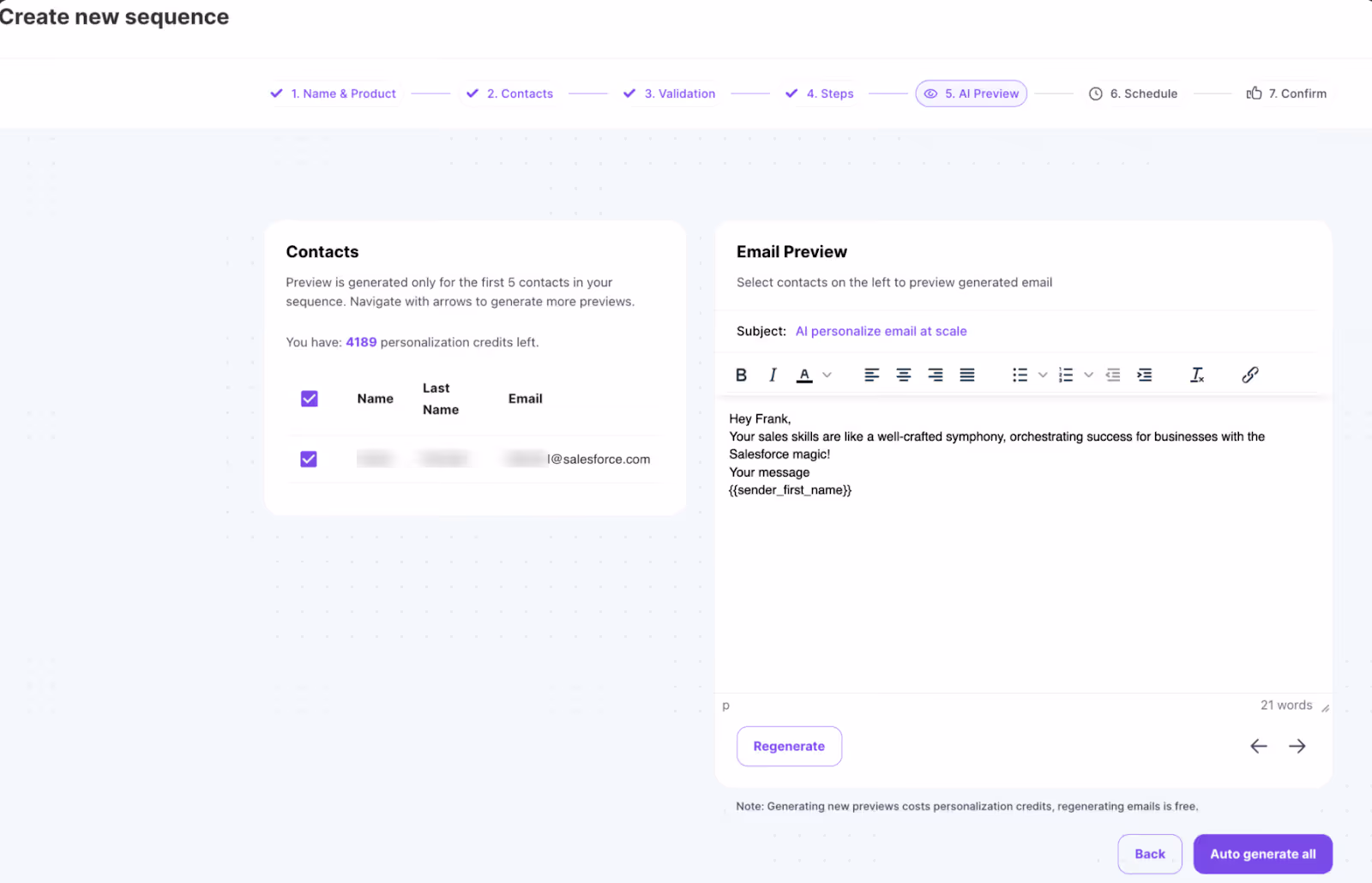 Salesforge sequence creation screen showing AI email preview with contact list, subject “AI personalize email at scale,” and an example message generated for the contact.