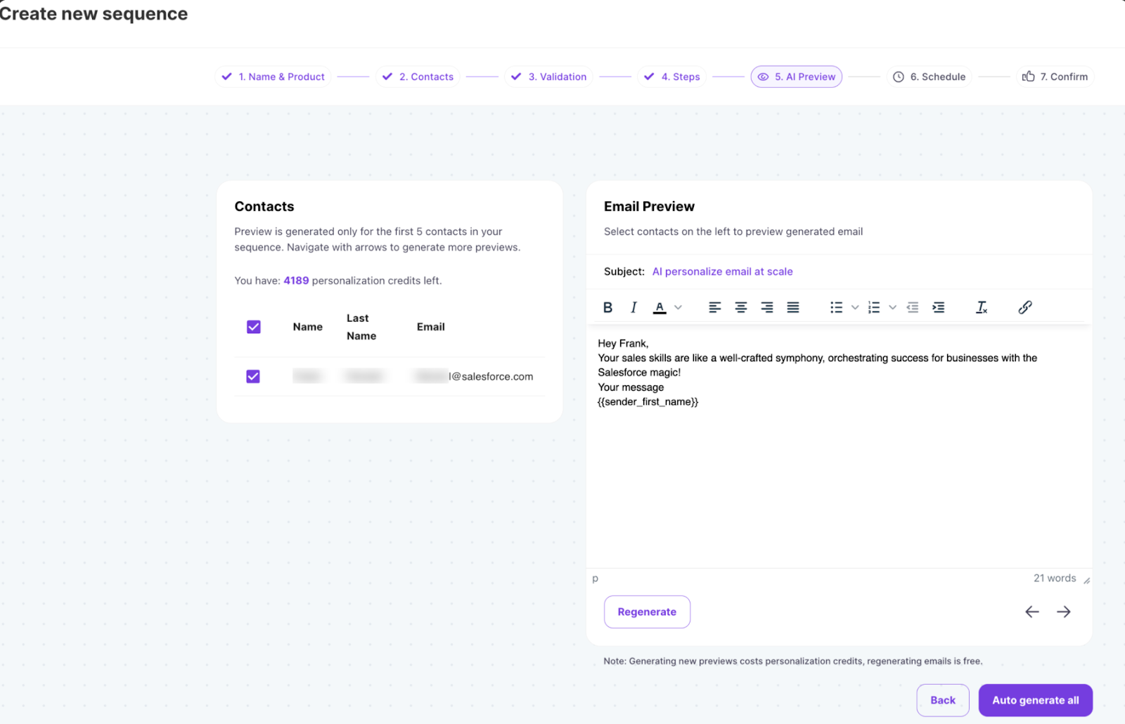 Salesforge sequence creation screen showing AI email preview with contact list, subject “AI personalize email at scale,” and an example message generated for the contact.