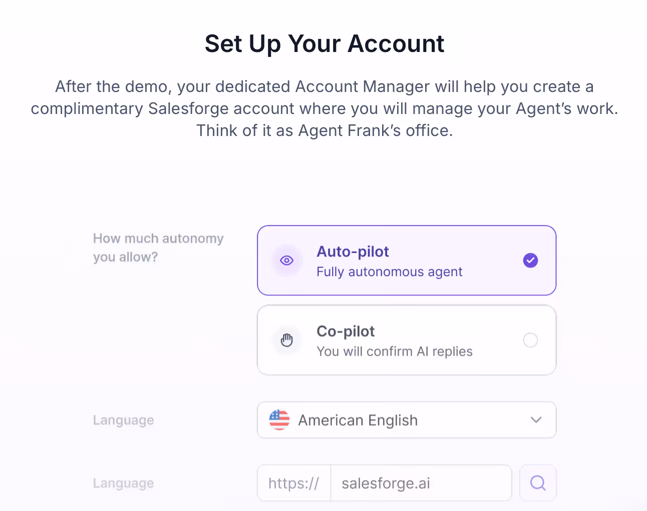 Setup screen showing options to configure your Salesforge account with two modes, Auto-pilot (fully autonomous agent) and Co-pilot (manual AI reply confirmation), along with language and account domain fields.