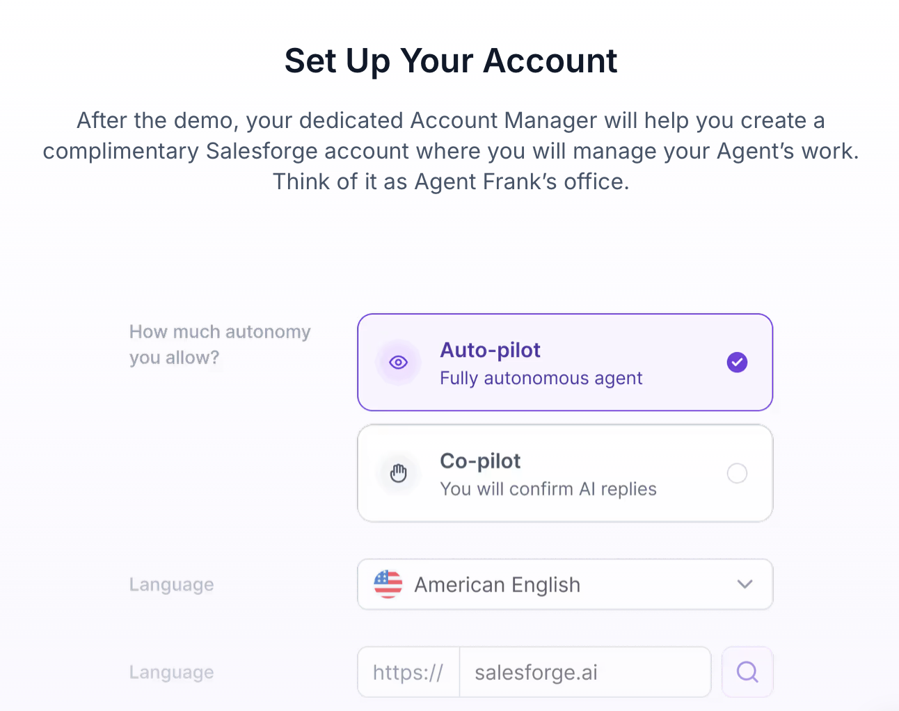 Setup screen showing options to configure your Salesforge account with two modes, Auto-pilot (fully autonomous agent) and Co-pilot (manual AI reply confirmation), along with language and account domain fields.