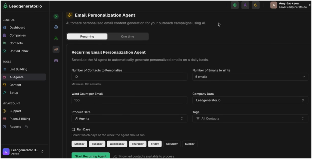 Email personalisation Agent in Leadgenerator.io