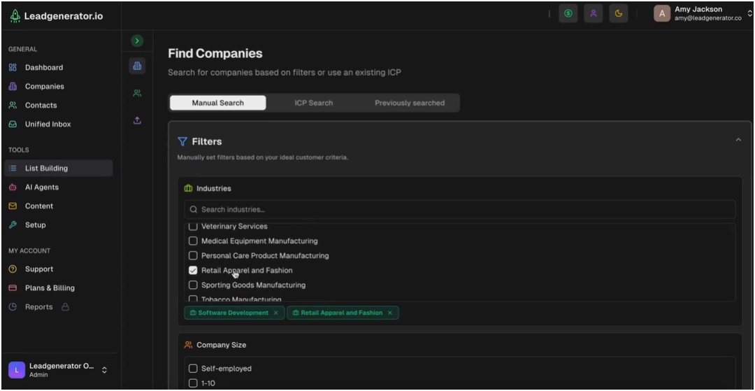 Targeted list building in Leadgenerator.io