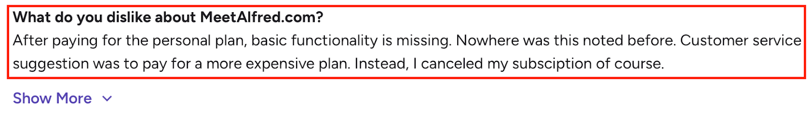 Review criticizing MeetAlfred for missing basic features in the personal plan and poor customer service, leading to cancellation.