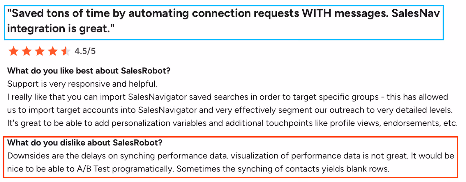 SalesRobot cons - delayed sync, poor performance visuals, no A/B testing, blank contact rows.
