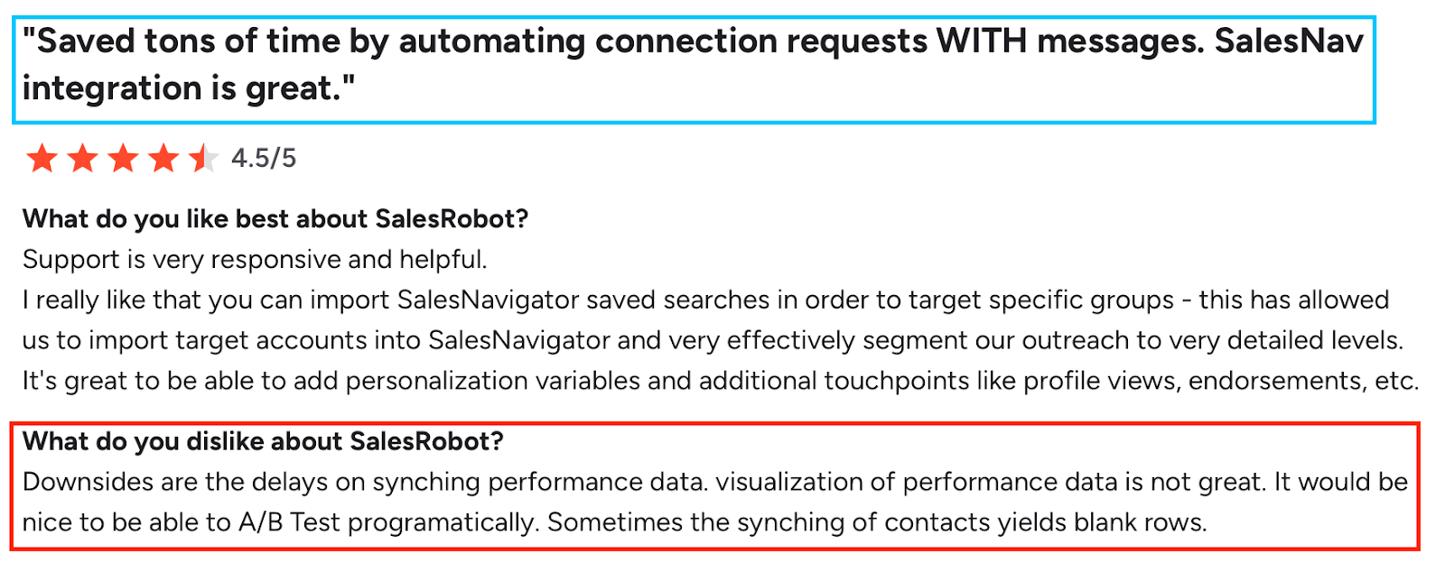 SalesRobot cons - delayed sync, poor performance visuals, no A/B testing, blank contact rows.
