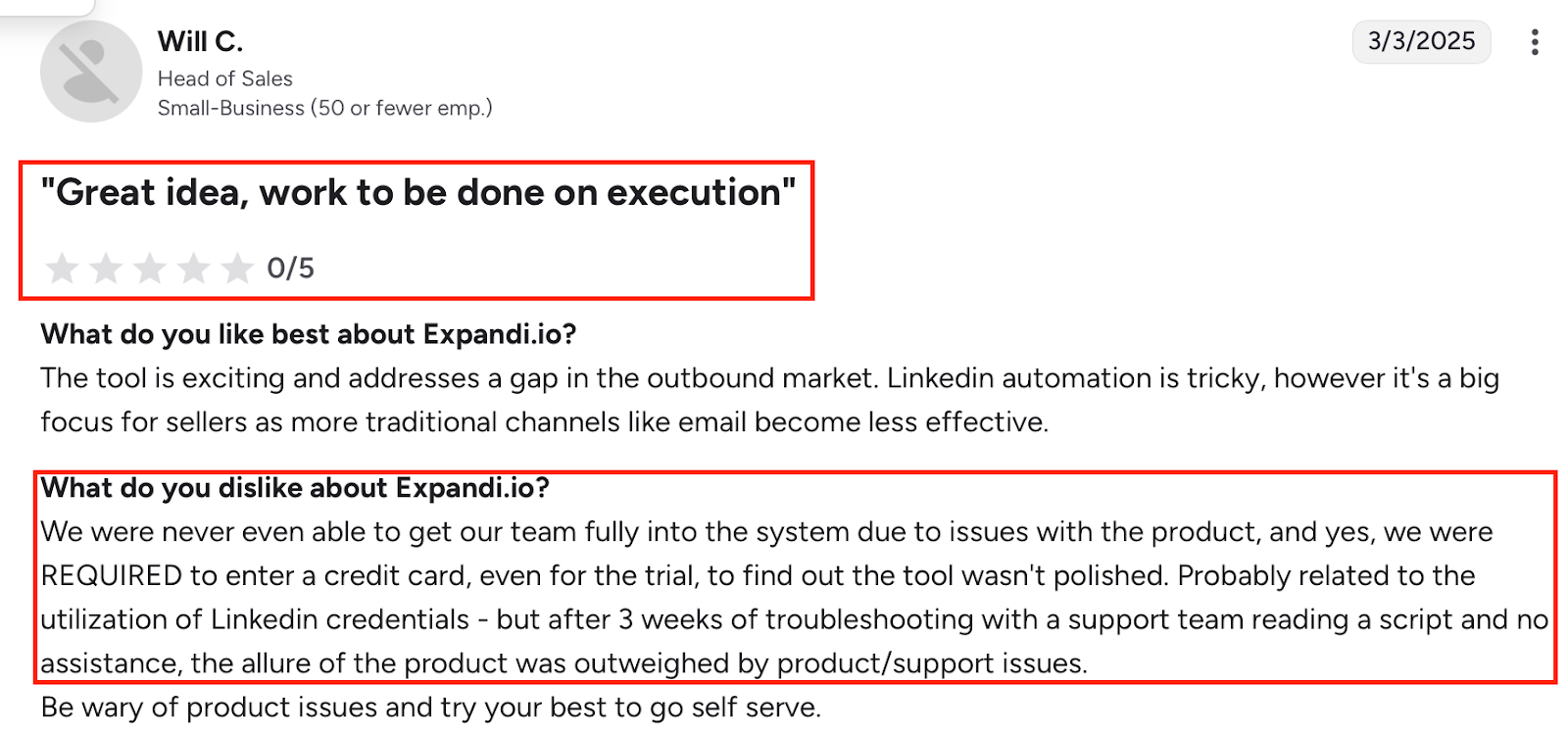 Expandi.io review on G2 onboarding blocked by product issues; credit card required for trial; scripted, unhelpful support.