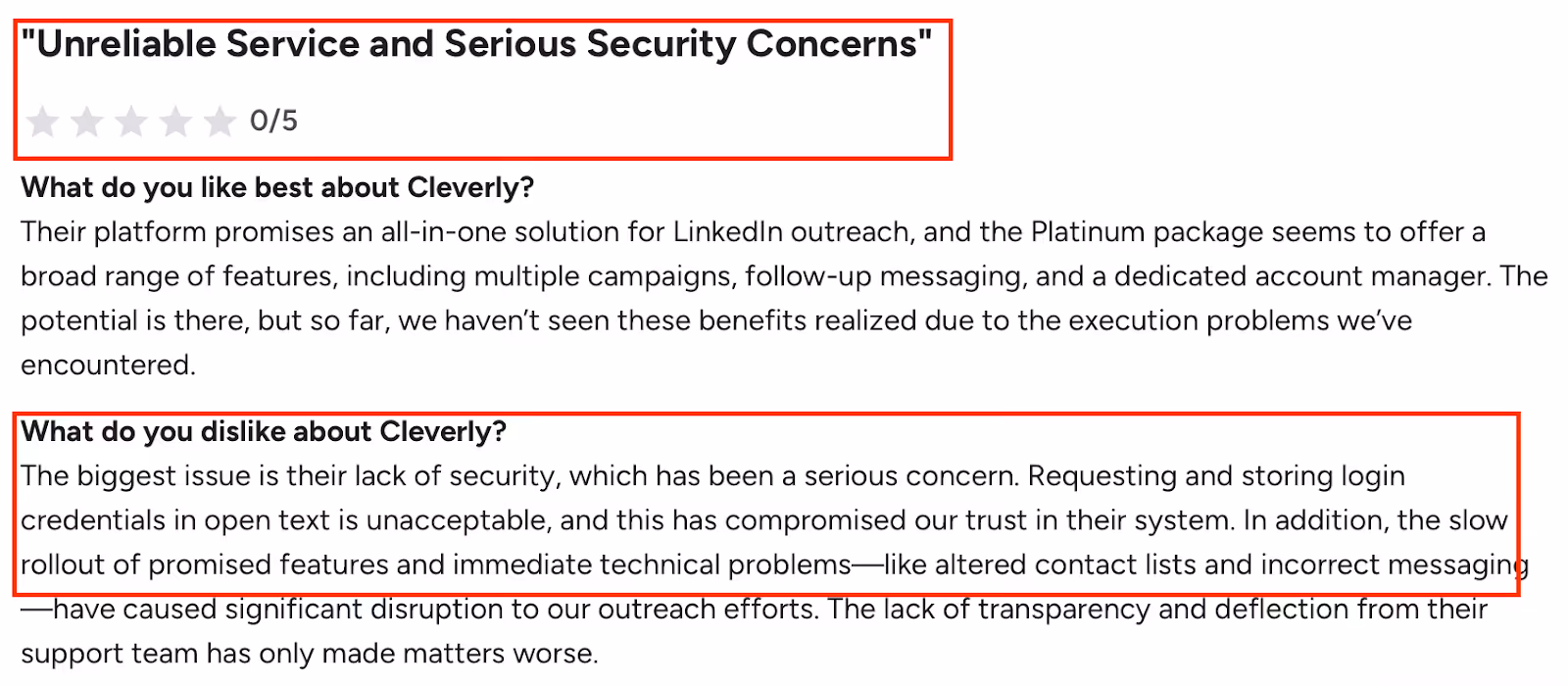 Cleverly review on G2 on major security flaws, slow updates, technical bugs, poor transparency, weak support.