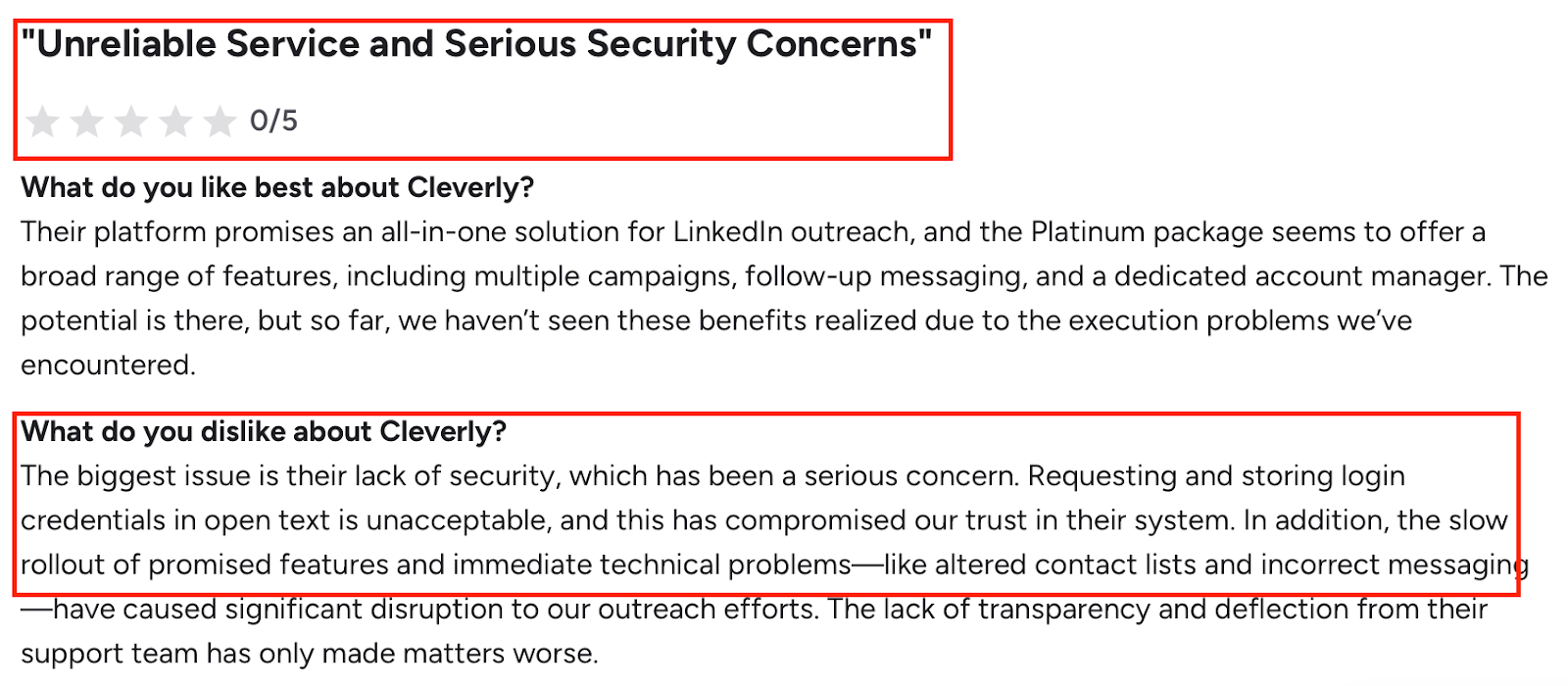 Cleverly review on G2 on major security flaws, slow updates, technical bugs, poor transparency, weak support.