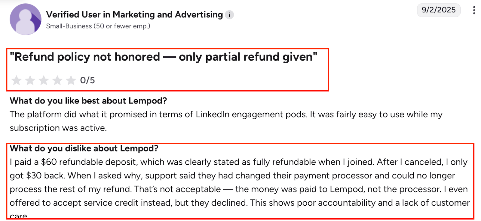 Lempod review on refund policy not honored, only half returned, poor accountability and support.