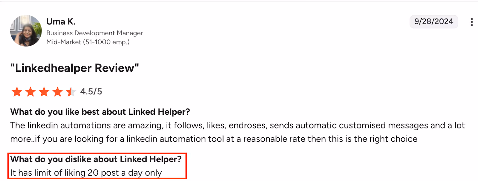 Linked Helper review on limited to liking only 20 posts per day.