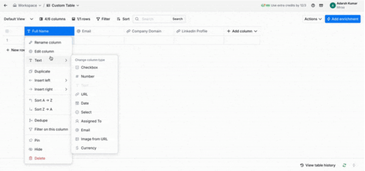 Clay workspace showing a table where a user edits a column type using a simple dropdown menu.