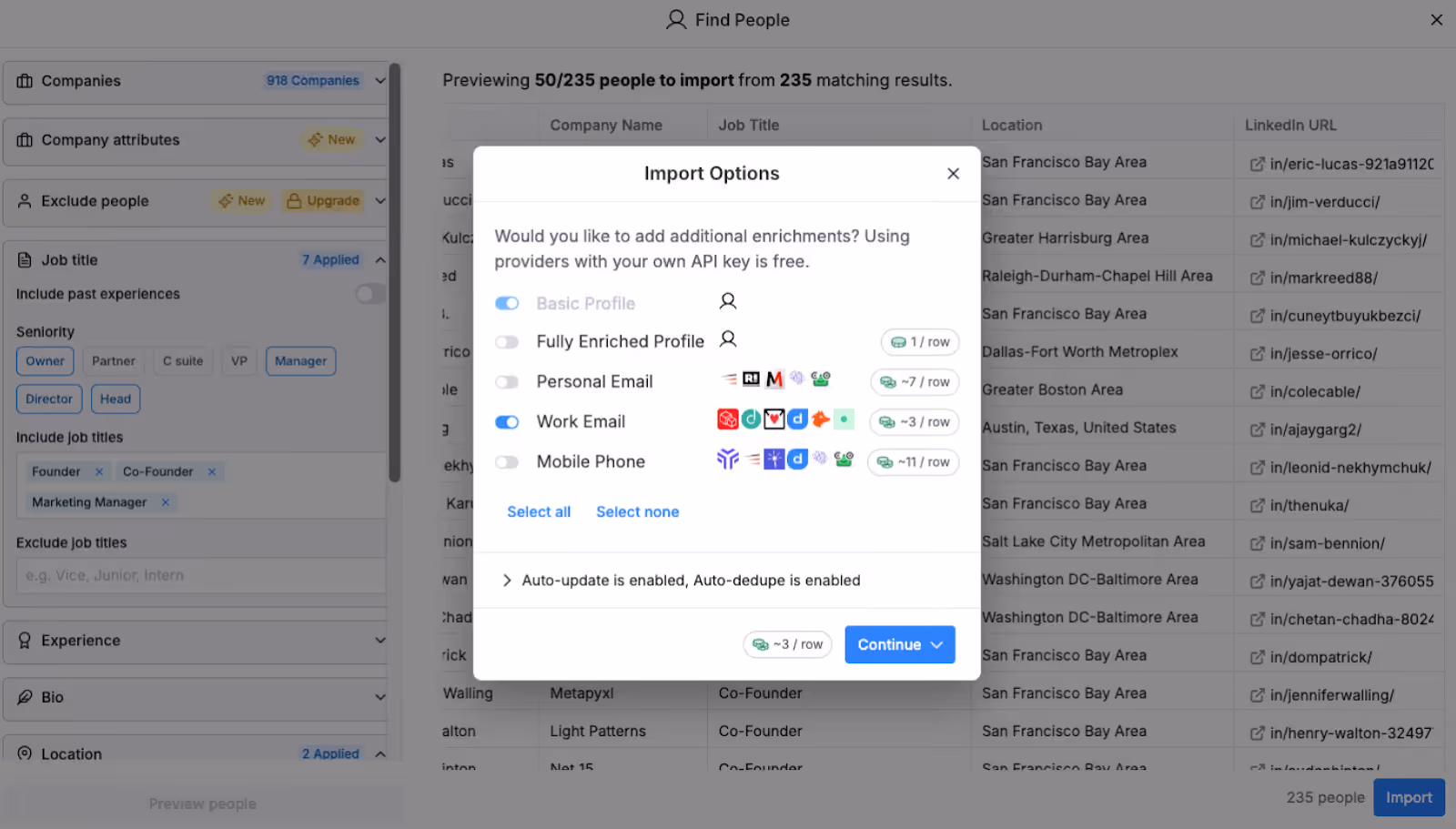 Clay import window showing enrichment options for adding work emails, personal emails, or mobile numbers before importing selected leads from a list of prospects.
