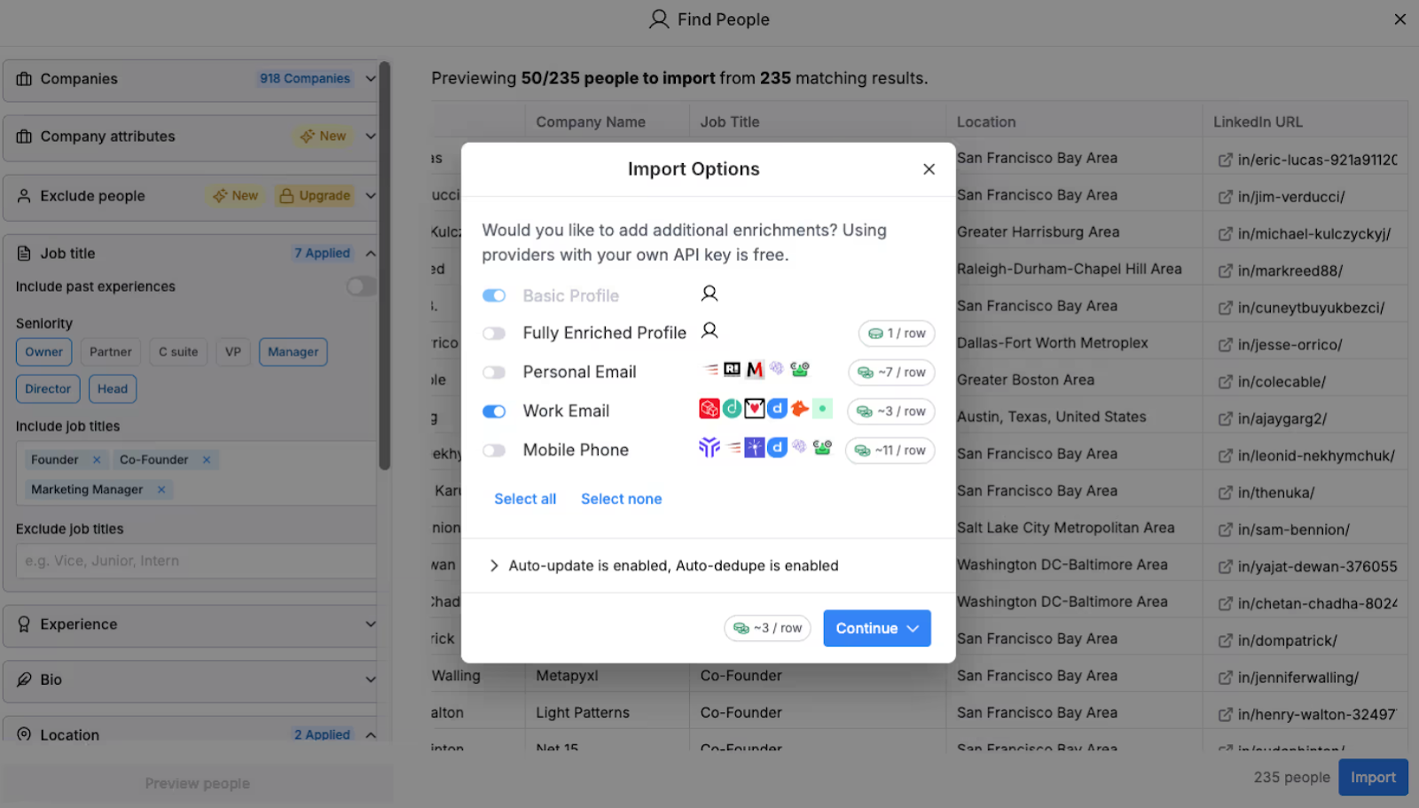 Clay import window showing enrichment options for adding work emails, personal emails, or mobile numbers before importing selected leads from a list of prospects.