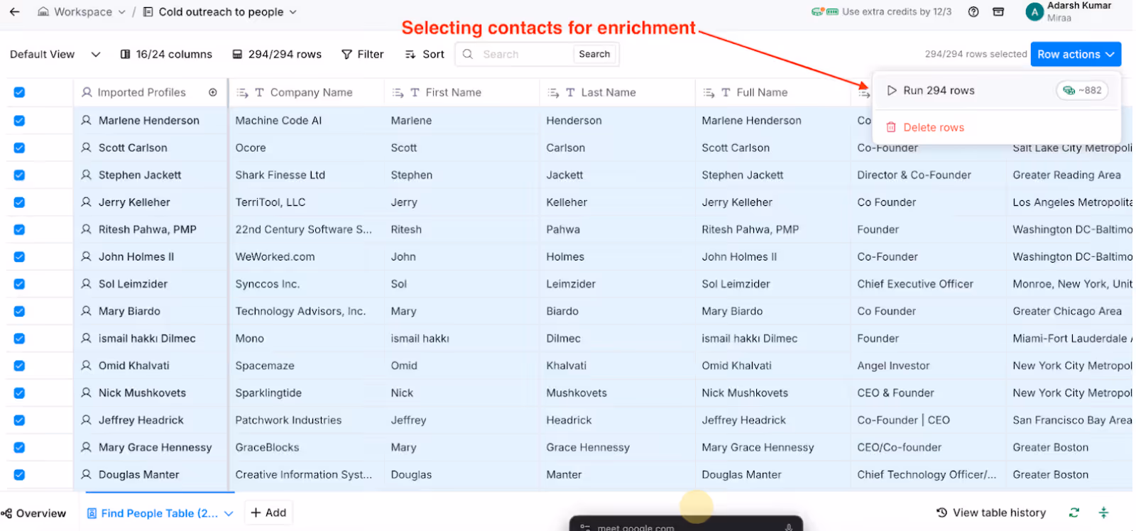 Clay dashboard showing a contact list with multiple rows selected for enrichment, labeled “Selecting contacts for enrichment.”