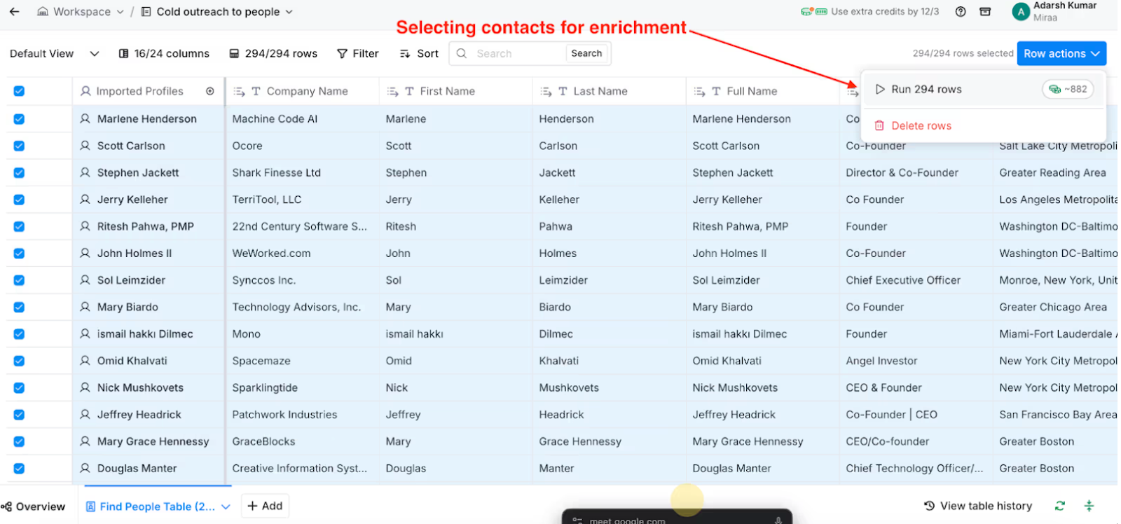 Clay dashboard showing a contact list with multiple rows selected for enrichment, labeled “Selecting contacts for enrichment.”