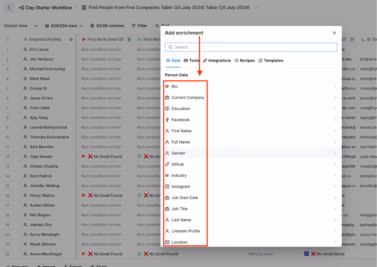 Clay interface showing the “Add enrichment” window with personal data options like bio, company, education, job title, LinkedIn profile, and location highlighted for selection.