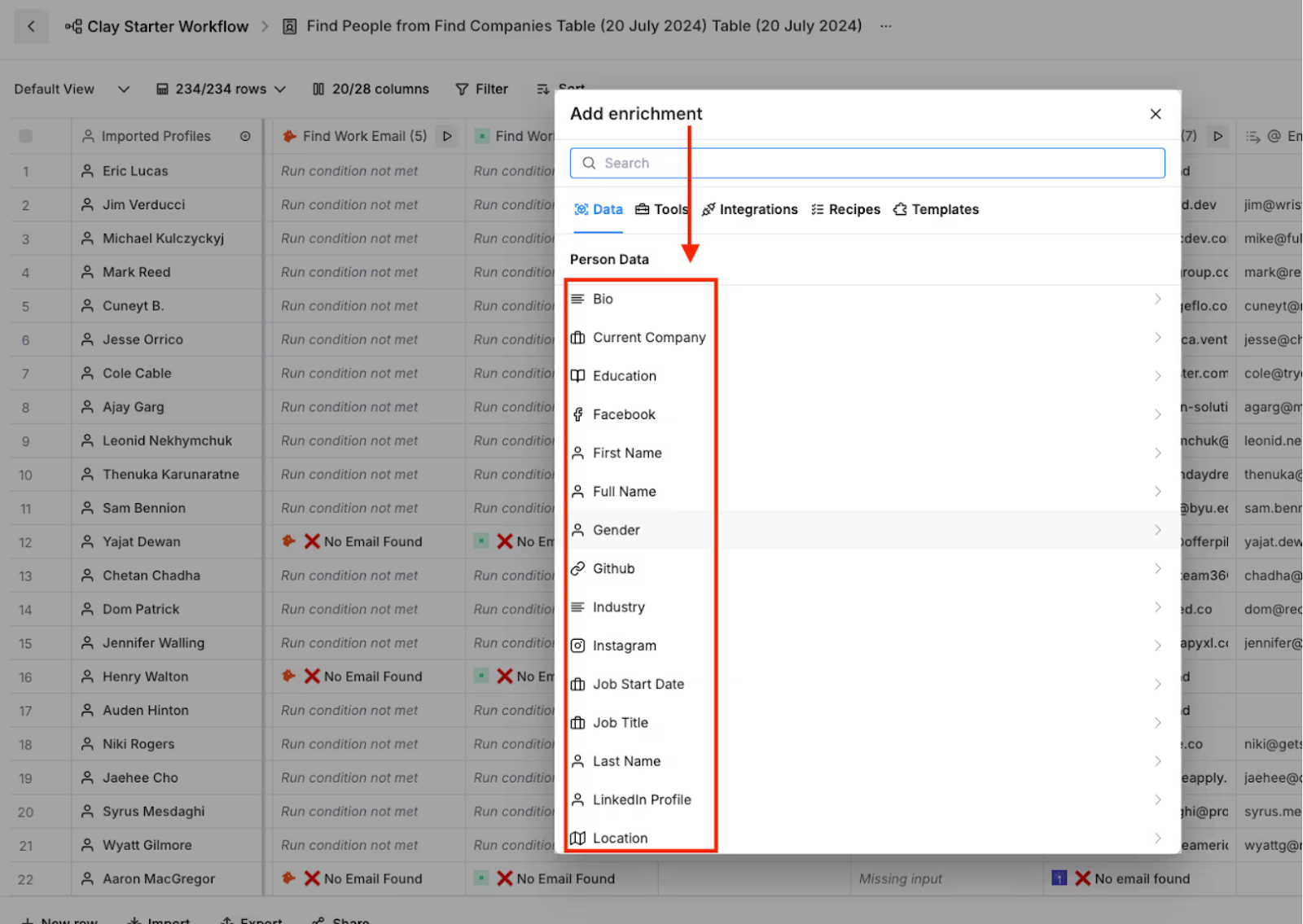 Clay interface showing the “Add enrichment” window with personal data options like bio, company, education, job title, LinkedIn profile, and location highlighted for selection.