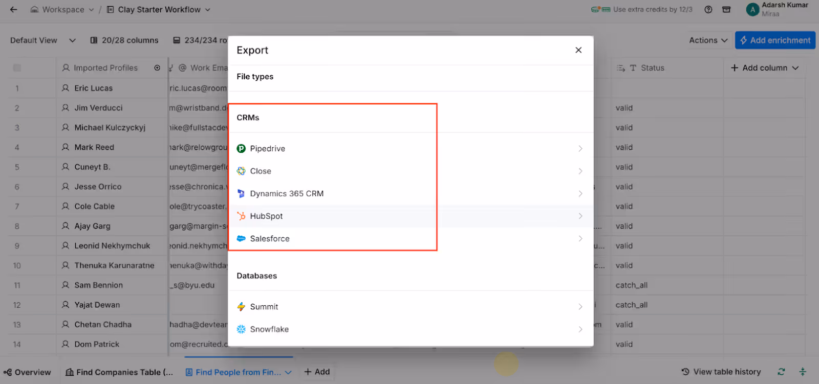 Clay export window showing CRM integration options including Pipedrive, Close, Dynamics 365 CRM, HubSpot, and Salesforce.