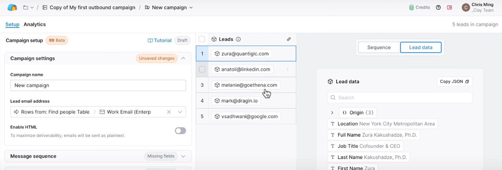 Campaign setup in Clay