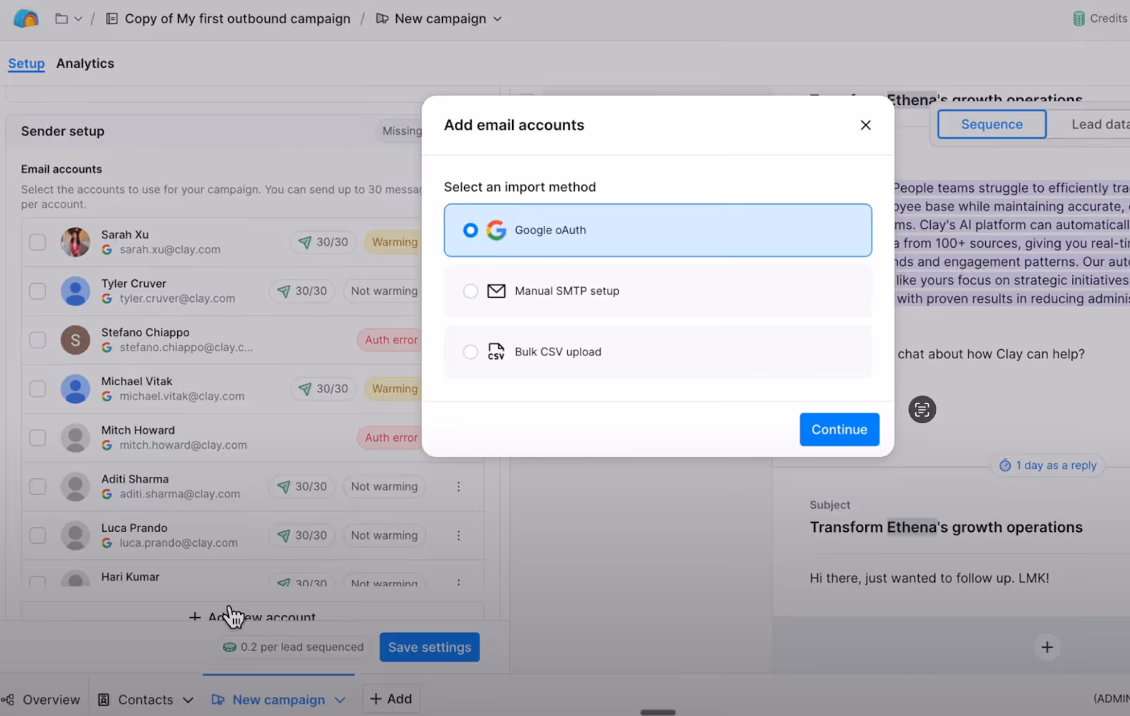 SMTP sender set up in Clay