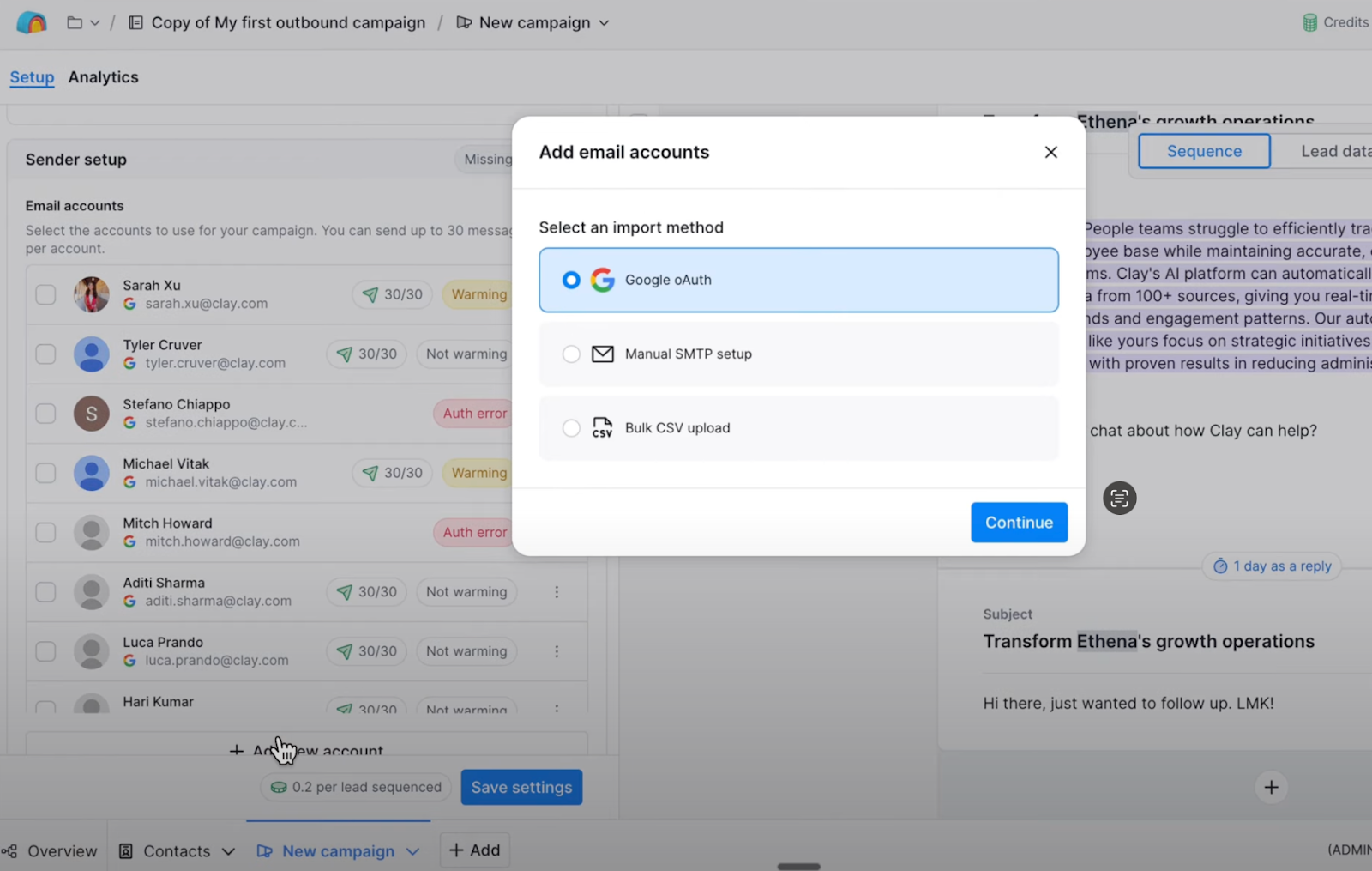 SMTP sender set up in Clay