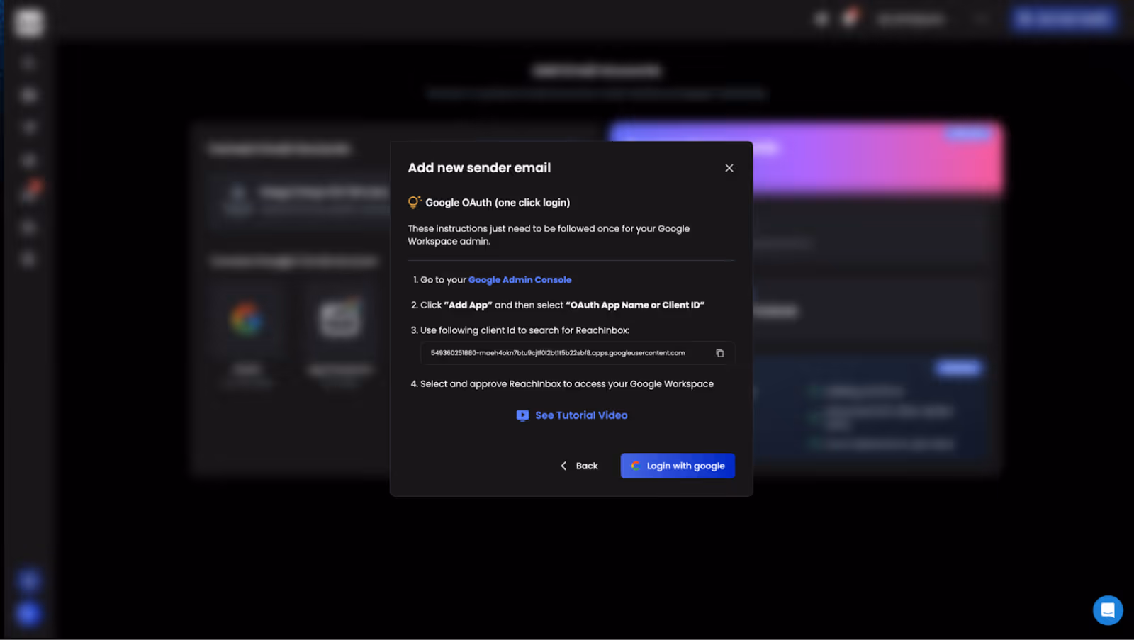 ReachInbox dashboard pop-up showing steps to add a new sender email via Google OAuth, including admin console setup and login with Google.