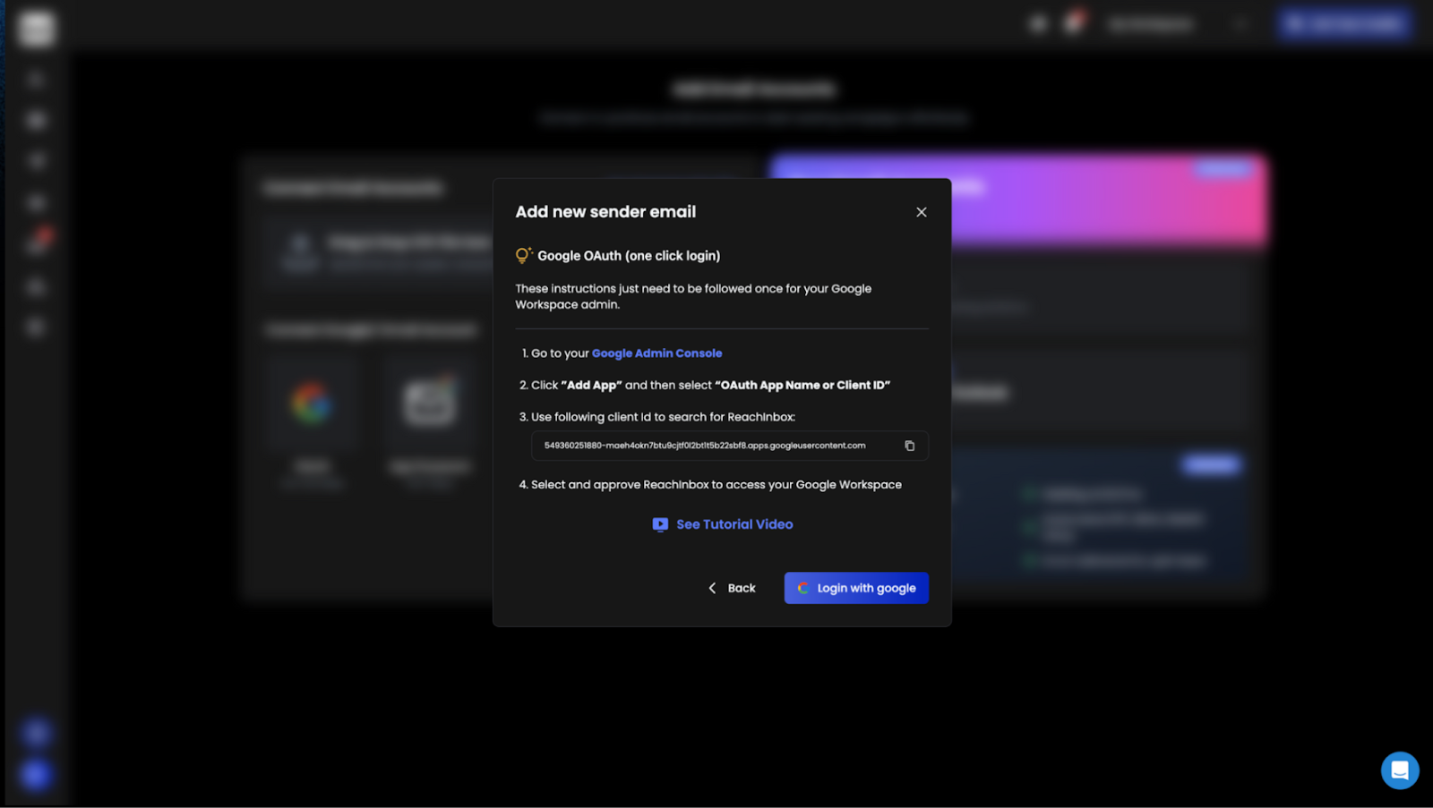 ReachInbox dashboard pop-up showing steps to add a new sender email via Google OAuth, including admin console setup and login with Google.