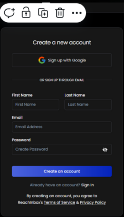 ReachInbox sign-up page showing Google sign-in and email registration form with fields for name, email, and password.