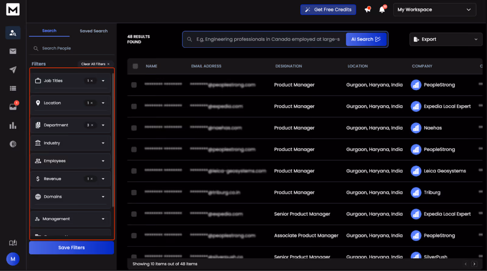ReachInbox search dashboard showing AI lead search results with filters for job titles, location, department, and industry on the left panel.