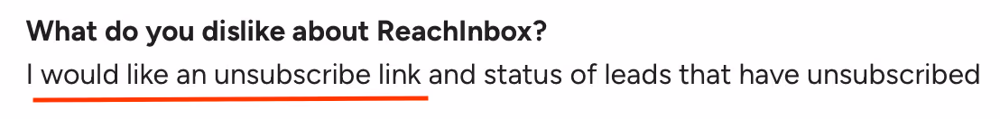 G2 User review suggesting ReachInbox add an unsubscribe link and track leads who unsubscribe.
