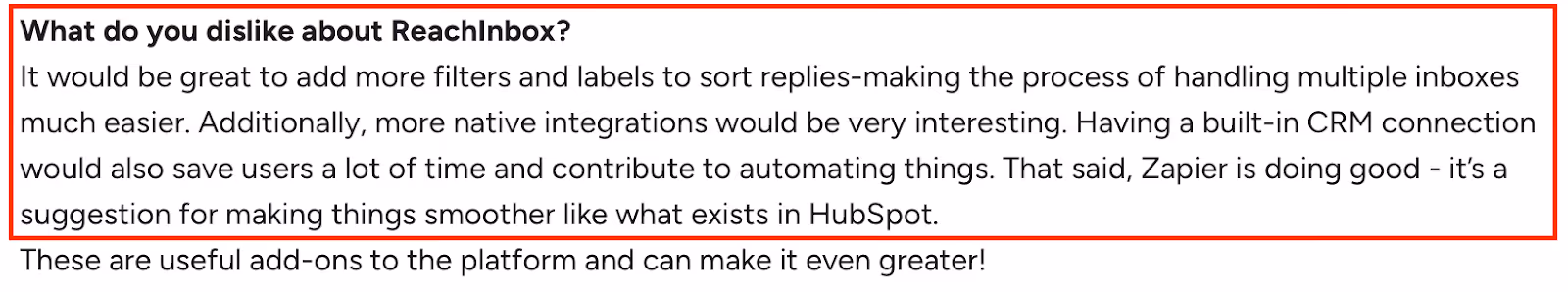 G2 User review suggesting ReachInbox improve with more filters, labels, and native CRM integrations for better inbox management and automation.