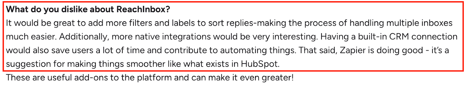 G2 User review suggesting ReachInbox improve with more filters, labels, and native CRM integrations for better inbox management and automation.