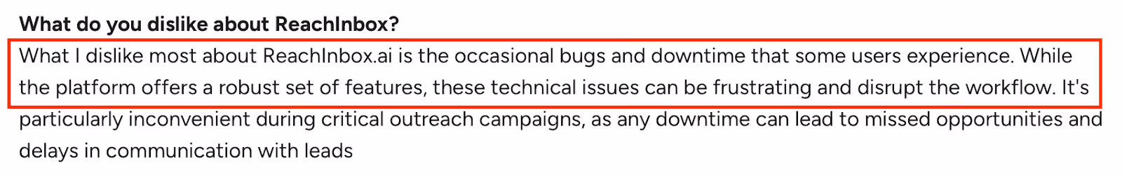G2 User review mentioning ReachInbox occasional bugs and downtime that can disrupt outreach campaigns.