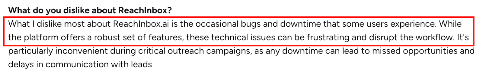 G2 User review mentioning ReachInbox occasional bugs and downtime that can disrupt outreach campaigns.